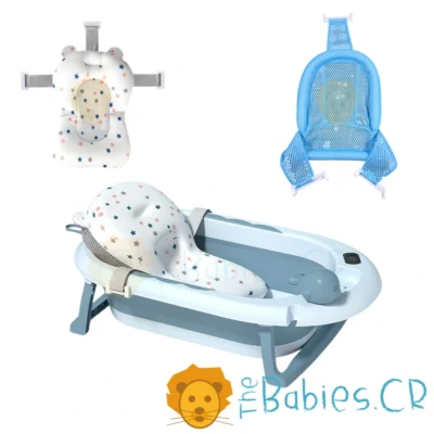Bañera Plegable para Bebé – Tina Azul con Termómetro, Tapón de Drenaje y Soporte Ajustable
