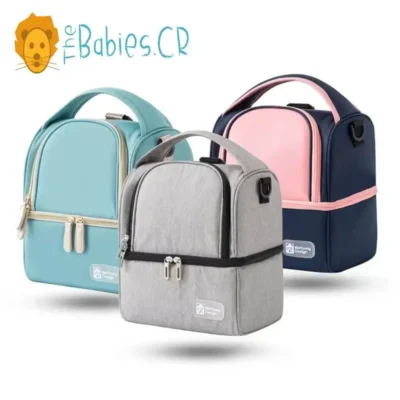 Hielera para leche materna con 2 ice packs y 3 botellas en varios colores